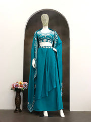 Exclusive Teal Blue Silk Embroidery Work Skirt With Top