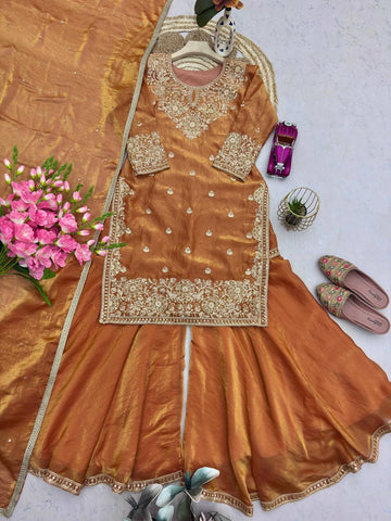 Exclusive Brown Heavy Fandy Silk Embroidery Work Sharara Suit