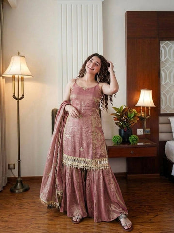 Alluring Fendy Silk Embroidery Sharara Suit