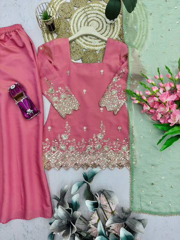 Stylish Pink Heavy Shimmer Silk with Embroidery Sequins Work Sharara Suit