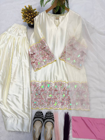 Exclusive Cream Silk with Moti Hand Work Sharara Suit