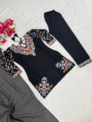 Stunning Black Heavy Roman Silk Embroidery Sharara Suit