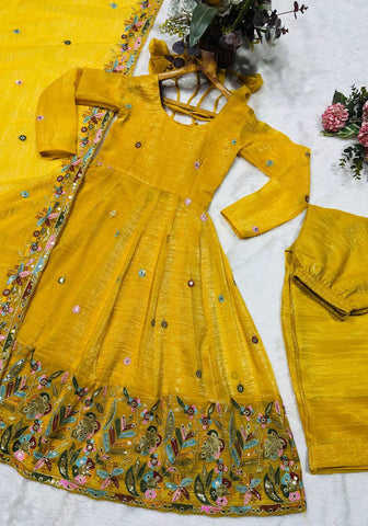 Mesmerizing Yellow Soft Silk with Sequins Embroidery Gown