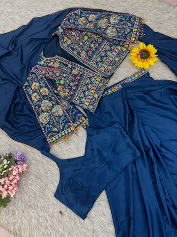 Amazing Blue Heavy Crepe Silk Embroidery Jacket With Saree