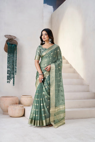 Exclusive Green Soft Linan Cotton Silk Zari Work Saree