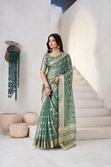 Exclusive Green Soft Linan Cotton Silk Zari Work Saree