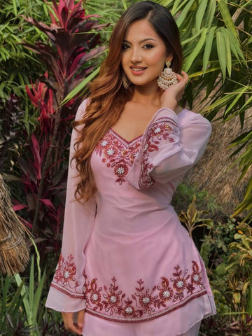 Lovely Pink Heavy Faux Georgette Embroidered Palazzo Suit