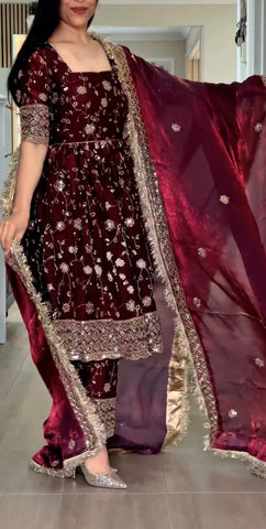 Stunning Maroon Heavy Fandy Silk Embroidery Work Gown