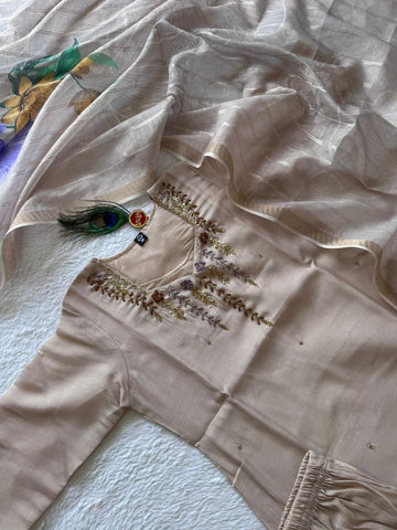 Alluring Cream Mul Chanderi with Hand Work Suit