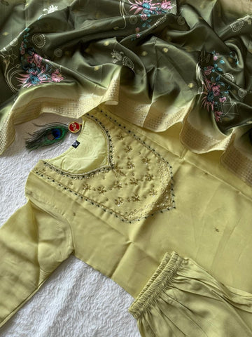 Exclusive Elaichi Mul Chanderi with Hand Work Suit