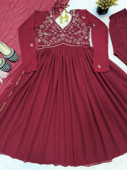 Lovely Maroon Faux Georgette Handwork Anarkali Suit
