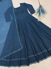 Amazing Teal Blue Georgette Silk Thread Embroidery Gown