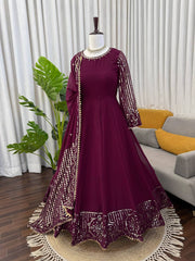 Fabulous Maroon Faux Georgette Thread and Sequence Work Gown