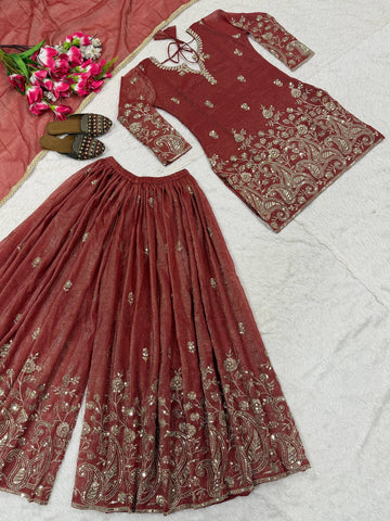 Pretty Maroon Heavy Crunchy Silk Embroidered Sharara Suit