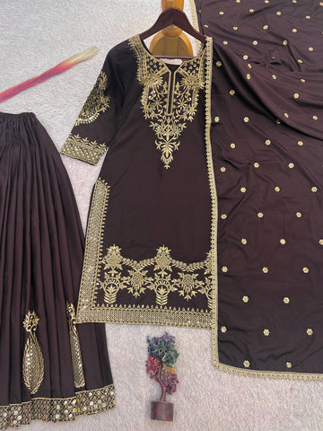 Elegant Brown Natural Crepe Silk Embroidery Work Palazzo Suit