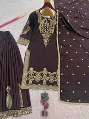 Elegant Brown Natural Crepe Silk Embroidery Work Palazzo Suit