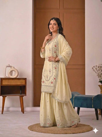 Beautiful Orange Natural Crep Embroidered Sharara Suit