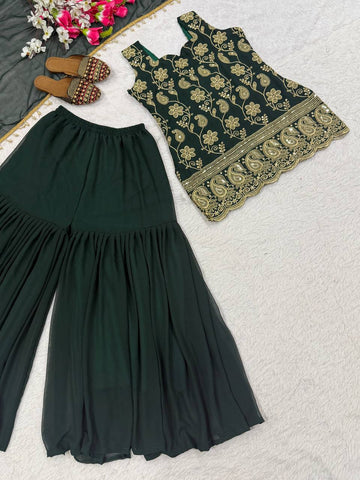 Green Faux Georgette Embroidery Sharara Suit
