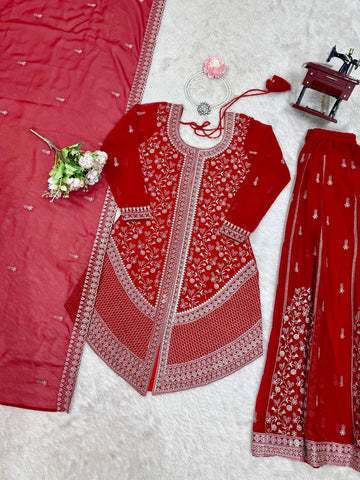 Amazing Red Faux Georgette Embroidery Sharara