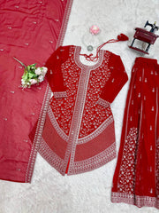 Amazing Red Faux Georgette Embroidery Sharara