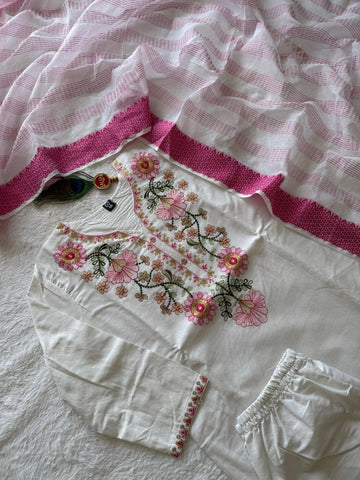 White Floral Embroidered Suit with Dupatta