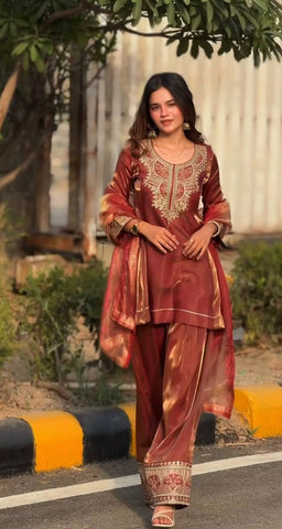 Brown Heavy Embroidery Work Sharara Suit