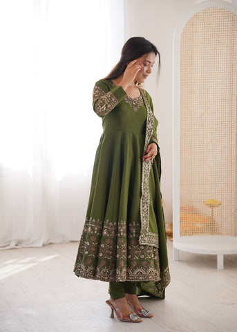 Stylish Red Roman Silk with Embroidery Sequence Work Gown