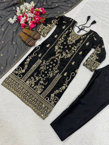 Charming Black Silk With Sequence Work Sharara Suit