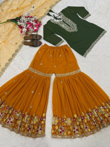 Stunning Green Faux Georgette Silk Embroidery Sharara Suit