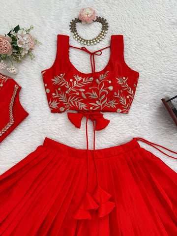 Stunning Red Havy Chinon Silk Plain Lehenga