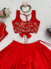 Stunning Red Havy Chinon Silk Plain Lehenga