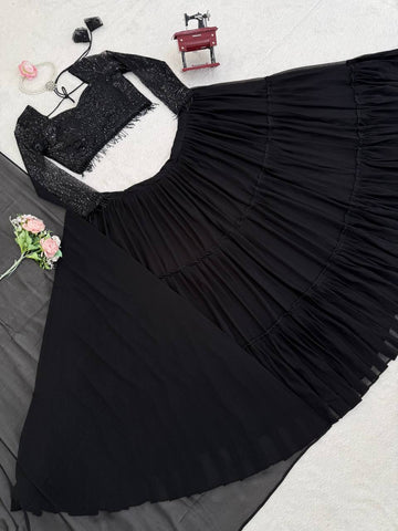 Gorgeous Black Foux Georgette Ruffle Work Lehenga Choli