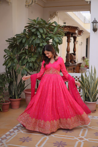 Amazing Pink Russian Silk Embroidery Work Anarkali Suit