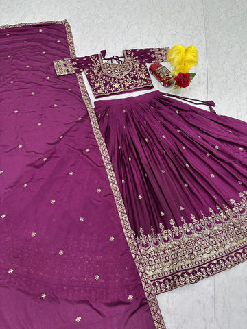 Exclusive Purple Chinon Heavy Embroidery Lehenga Choli