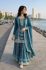 Exclusive Parrot Green Chinon Embroidery Work Palazzo Suit