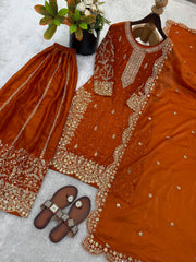 Captivating Orange Fendy Silk Embroidery Palazzo Suit