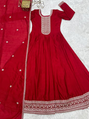 Stylish Red Vichitra Silk with Jari Work Anarkali Suit