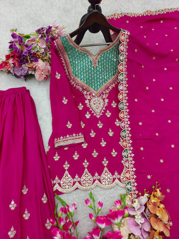 Stylish Chinon Silk Embroidery Work Sharara Suit