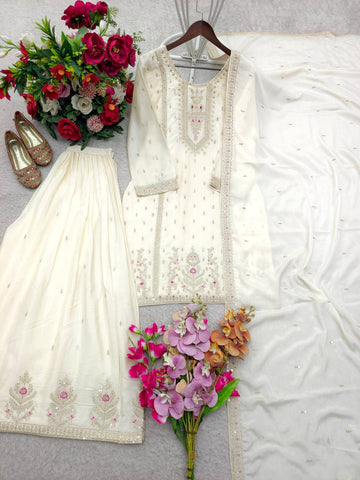 Charming White Chinon Silk Embroidery Work Sharara Suit