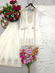 Charming White Chinon Silk Embroidery Work Sharara Suit