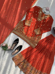 Orange Heavy GeorgetteThread Work Sharara Suit