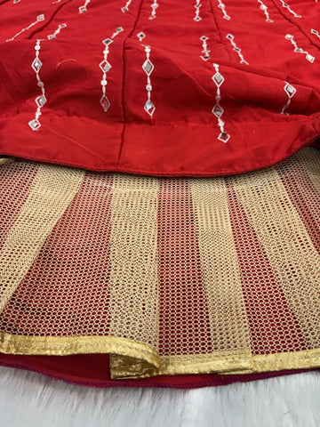 Captivating Red Malai Satin Silk Embroidered Lehenga