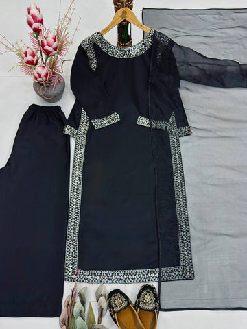 Stylish Heavy Silk Embroidery Work Palazzo Suit
