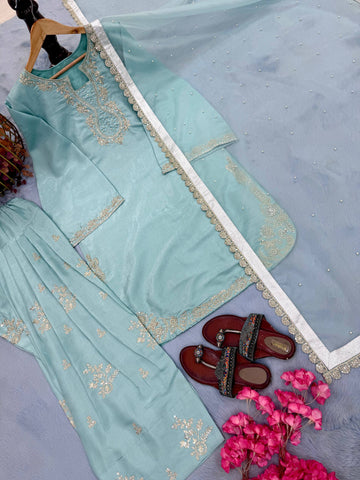 Exclusive Blue Silk Sequence Work Palazzo Suit