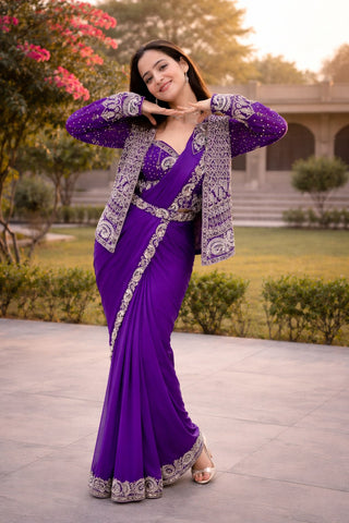 Exclusive Pink Heavy Crep Silk Embroidery Sequence Saree Set