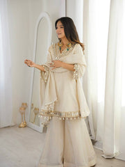 Exclusive Cream Tebby Organza Silk Real Mirror Work Sharara