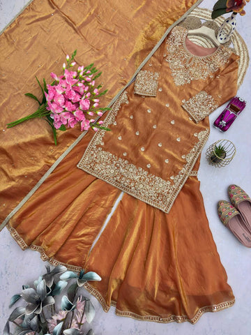 Exclusive Brown Heavy Fandy Silk Embroidery Work Sharara Suit