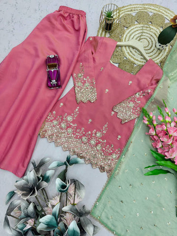 Stylish Pink Heavy Shimmer Silk with Embroidery Sequins Work Sharara Suit