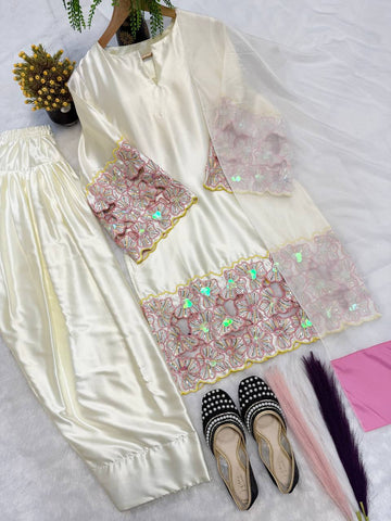 Exclusive Cream Silk with Moti Hand Work Sharara Suit