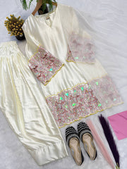 Exclusive Cream Silk with Moti Hand Work Sharara Suit